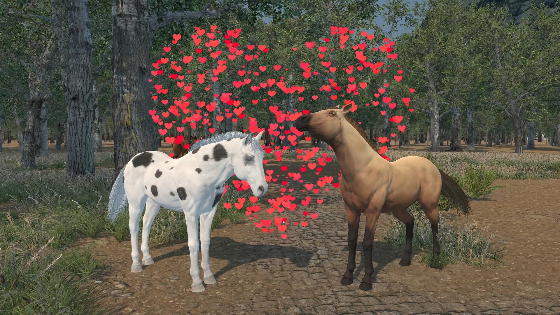 Two horses face each other in a forest clearing beneath a heart effect.