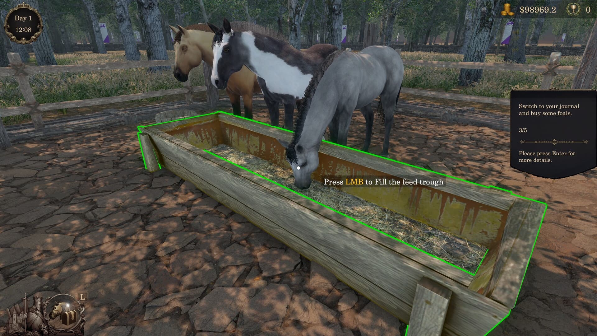 Two horses beside a feed trough in a wooded stable yard.