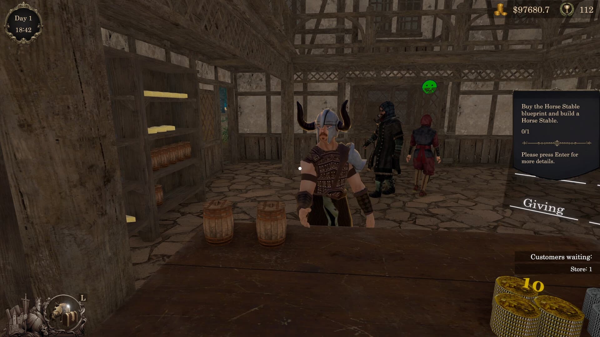 An indoor merchant counter shows the objective to buy and build a Horse Stable blueprint.