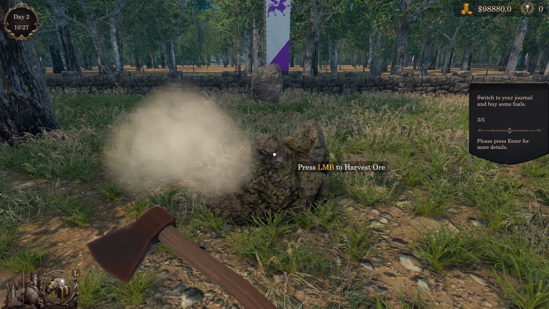 A player holds an axe-like tool while harvesting a highlighted ore deposit in a grassy clearing.