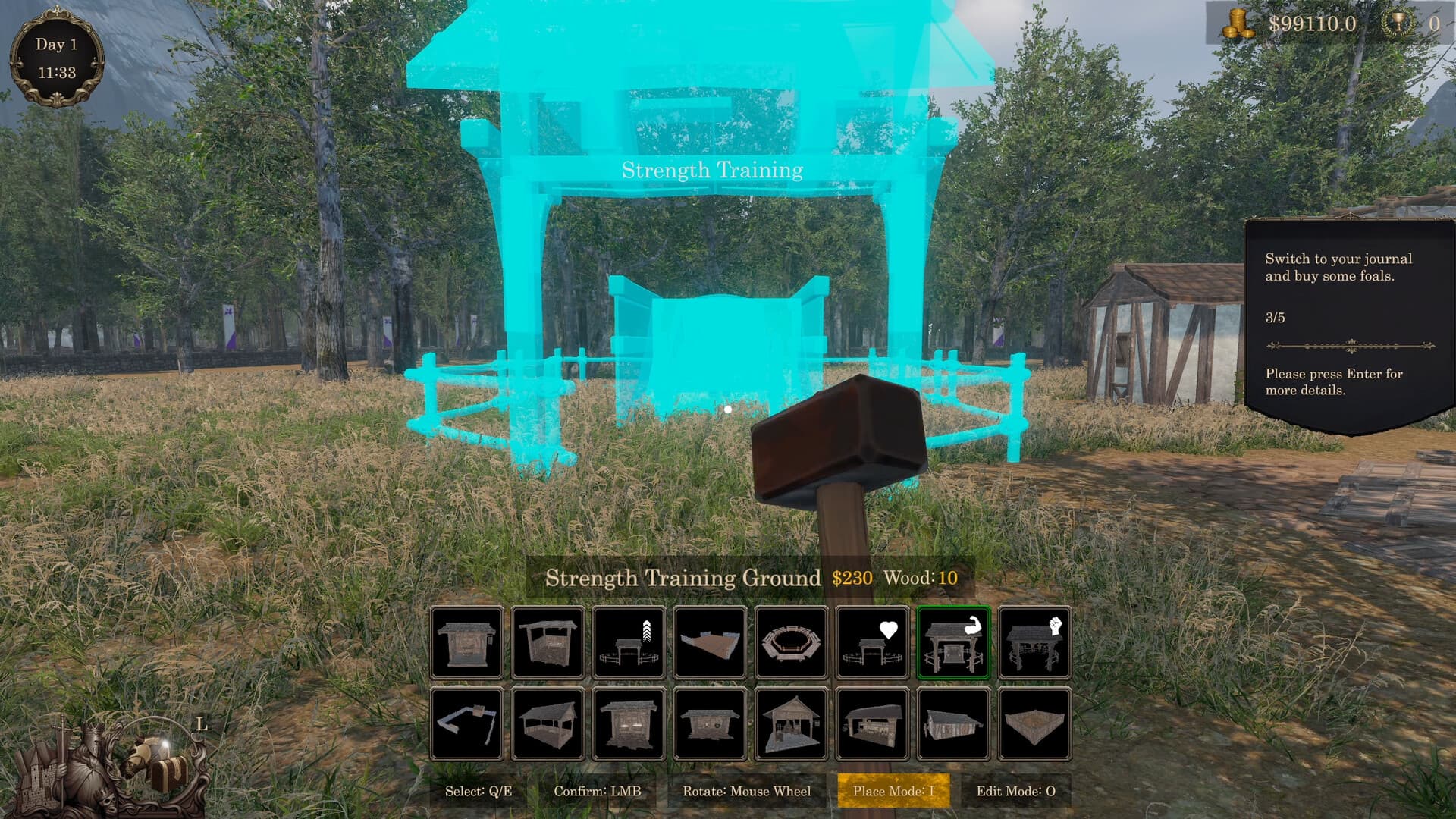 A glowing blueprint previews placement of a Strength Training Ground.