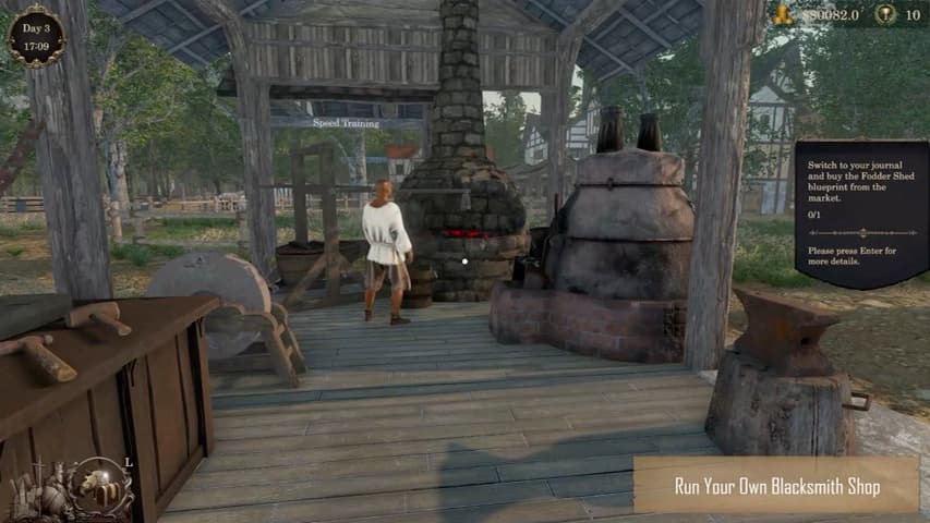 A blacksmith workshop with furnace, anvil, and a nearby villager.
