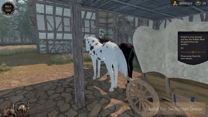 A spotted horse stands beside a covered merchant wagon in a stable yard.