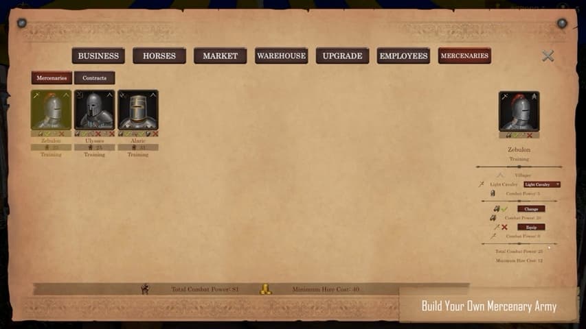 Mercenaries management screen with equipped soldiers and training details.