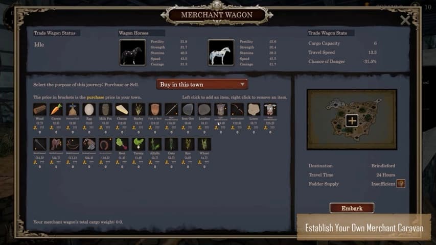 Merchant Wagon interface shows two assigned horses, goods, and a route map.