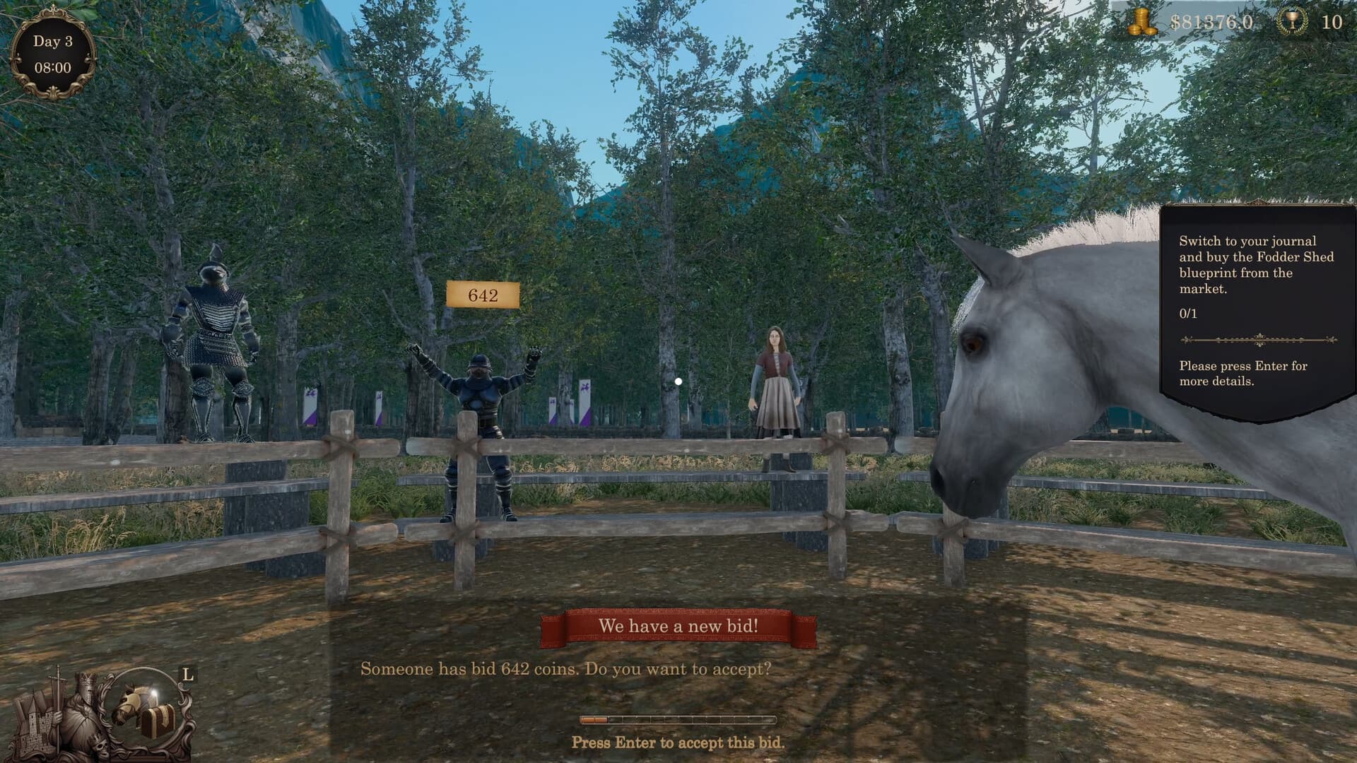 Horse pen scene with a bid notification displayed during an auction.