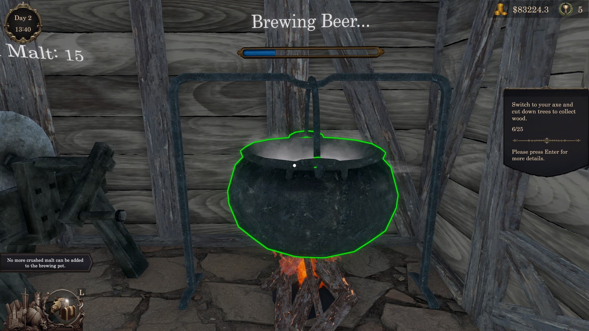 A highlighted brewing vessel shows beer production progress inside a workshop.