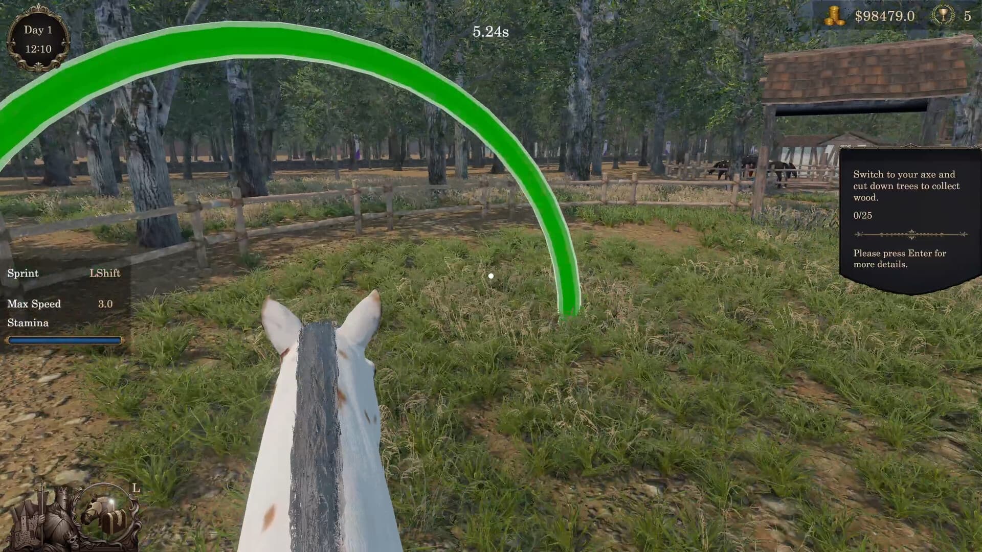 First-person view from a horse crossing a grassy field, with a stamina display visible.